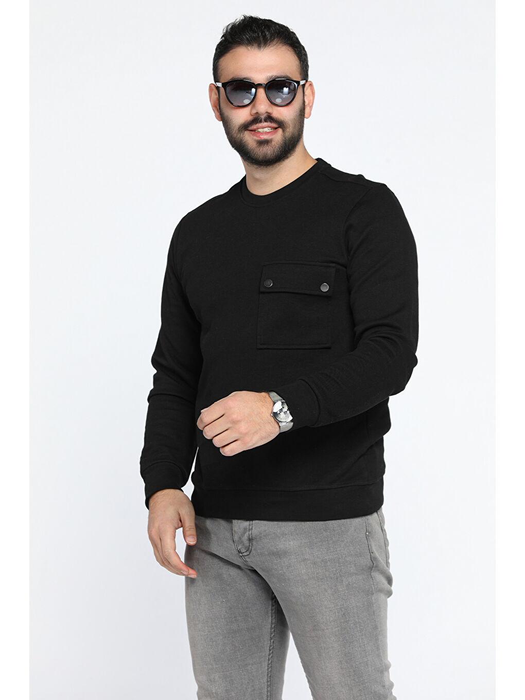 Mishar İtalia Siyah Bisiklet Yaka Cepli Erkek Sweatshirt