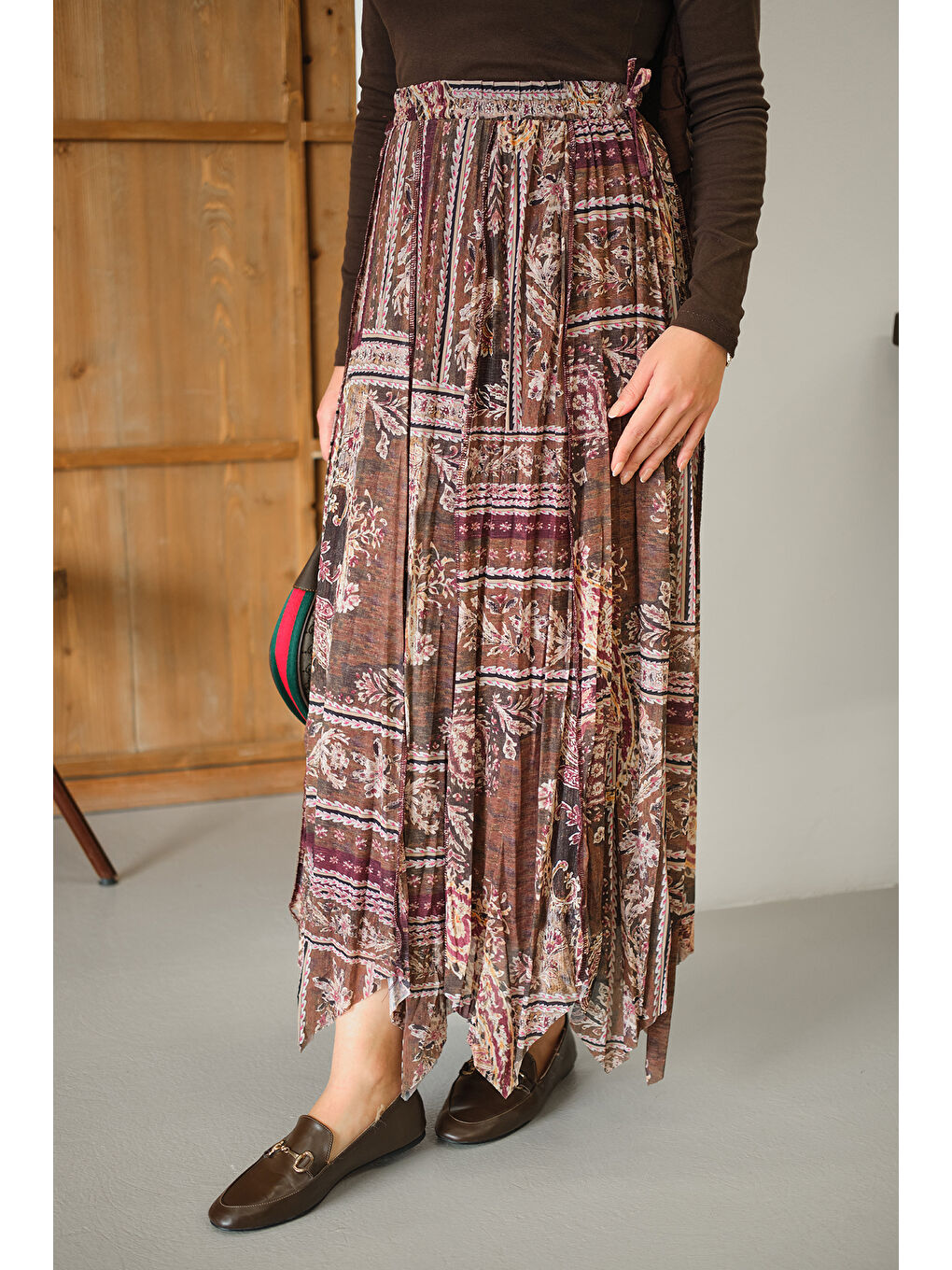 Kadın Etnik Desen Asimetrik Kesim Şifon Etek Mürdüm-3