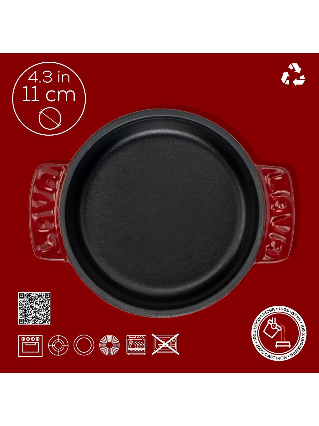 Bordo Yuvarlak Güveç Kabı Döküm Demir Yekpare Çift Kulplu Çap(Ø)11cm.-3