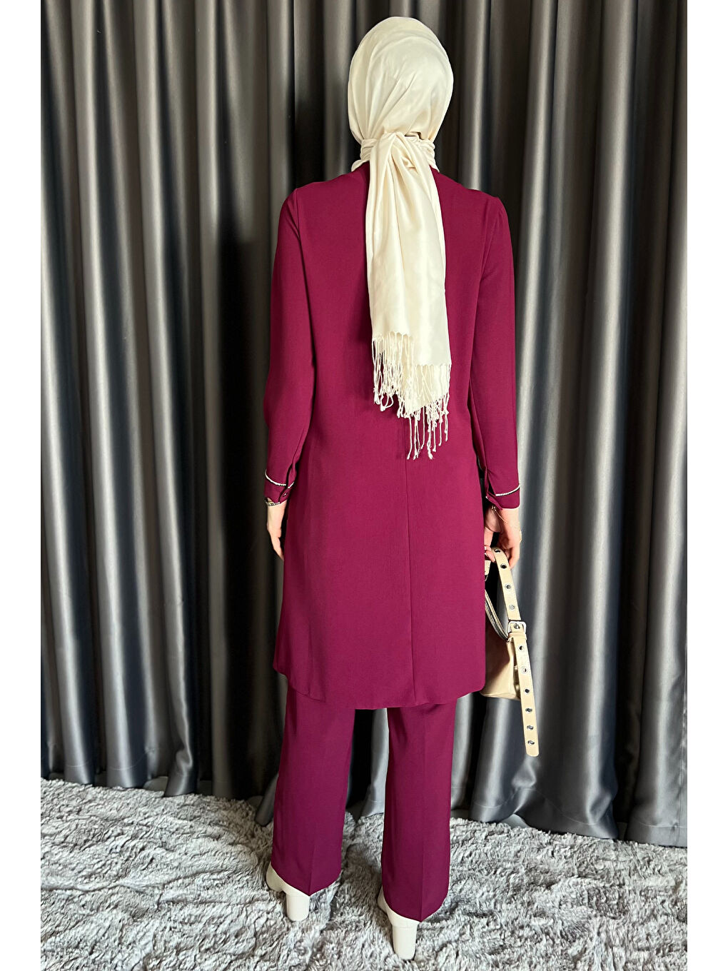 Bordo Kadın Taş İşlemeli Tesettür Tunik Pantolon İkili Takım-6