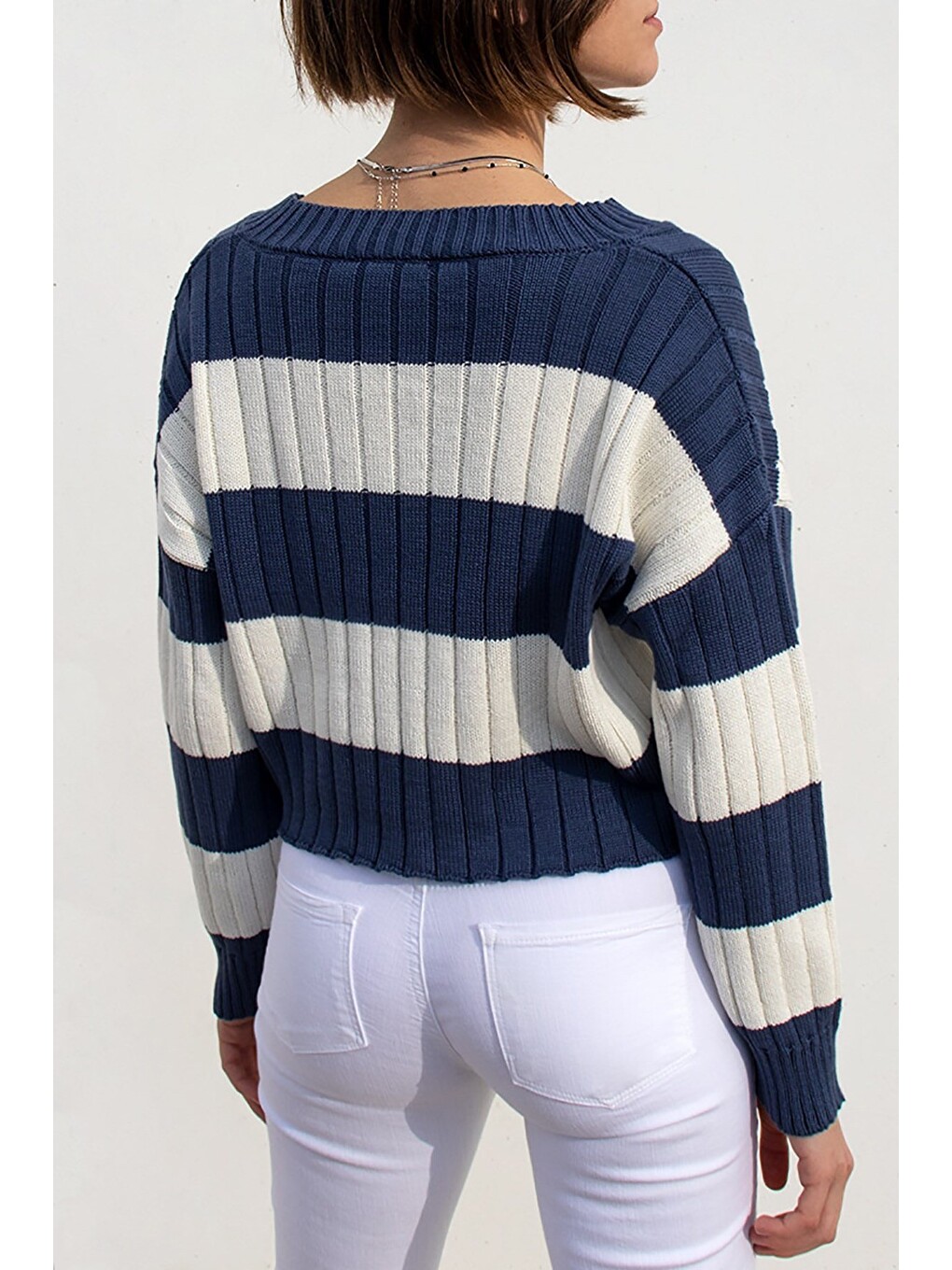 Lacivert V Yaka Çizgili Crop Kadın Kazak Mg1441-2