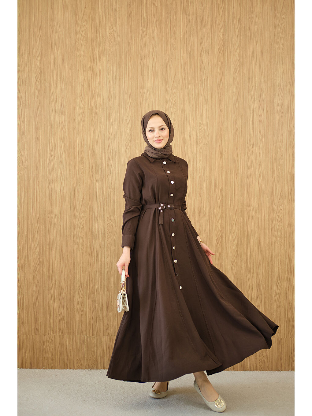 Kadın Boydan Düğmeli Kemerli Elbise Kahverengi