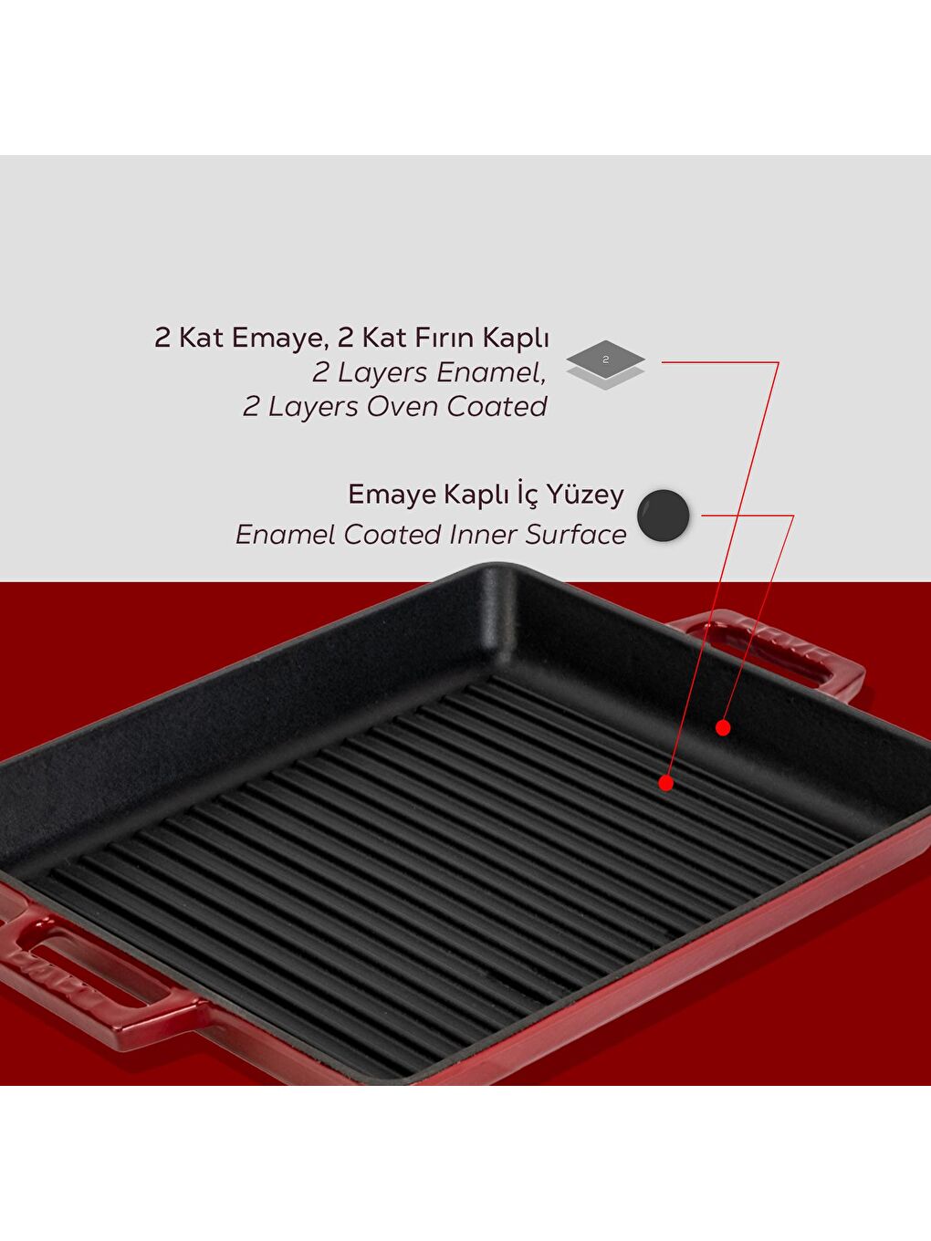 Bordo Dikdörtgen Izgara Tavası Döküm Demir Yekpare Çift Kulplu Ölçü 26x32cm.-5