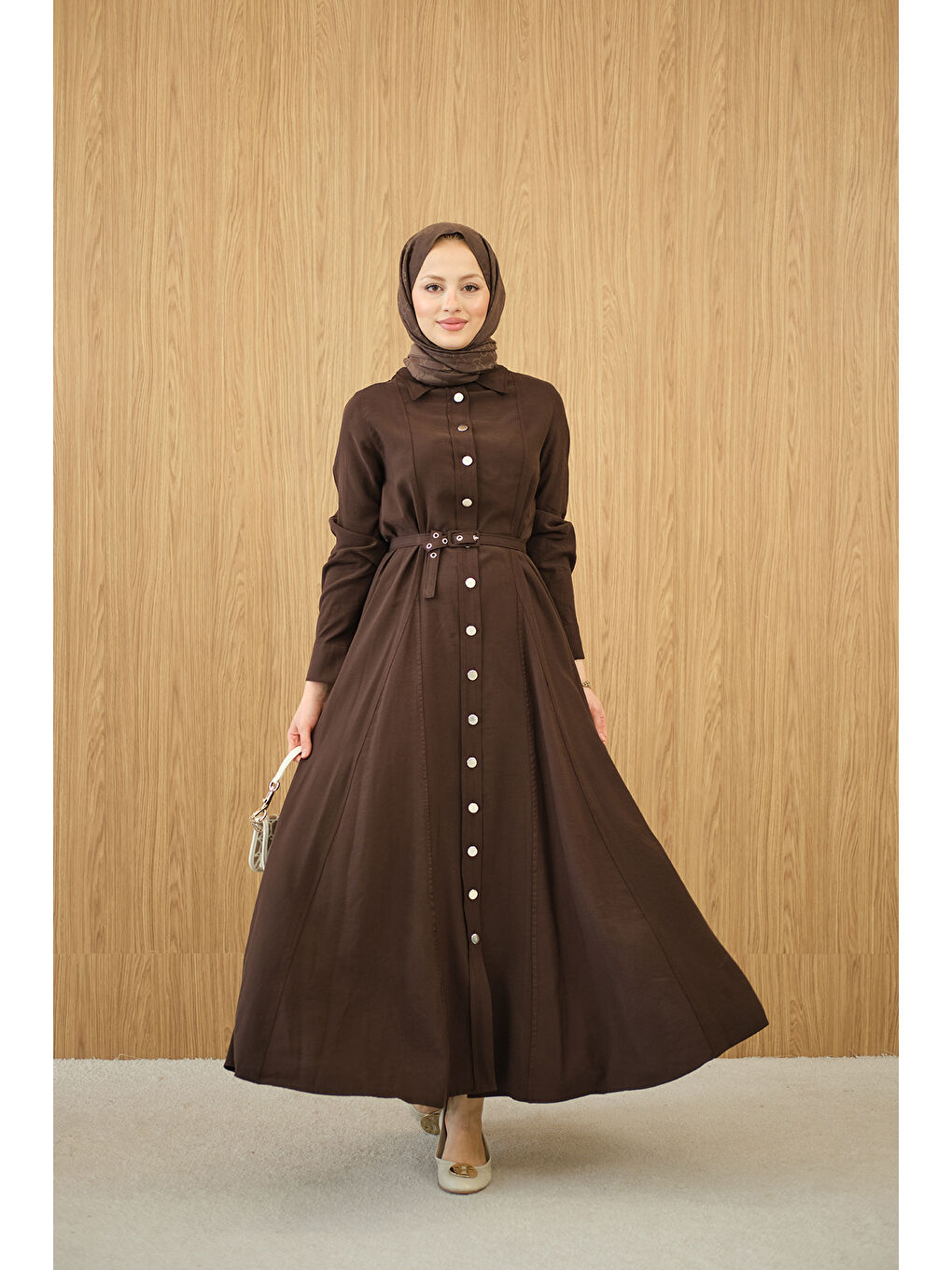Kadın Boydan Düğmeli Kemerli Elbise Kahverengi-1