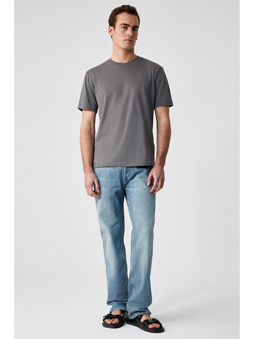 Gri Solo Erkek %100 Organik Pamuklu Kalın Dokulu Comfort Fit Bisiklet Yakalı GRİ T-Shirt-1