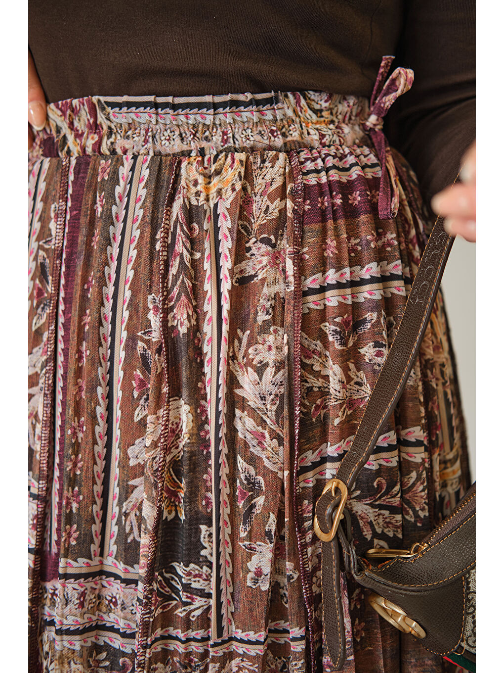 Kadın Etnik Desen Asimetrik Kesim Şifon Etek Mürdüm-4