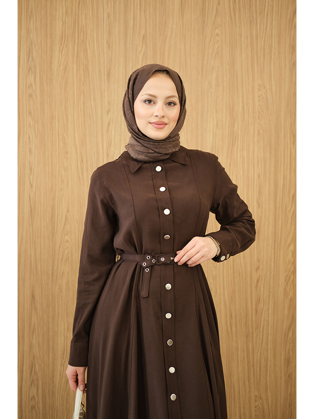 Kadın Boydan Düğmeli Kemerli Elbise Kahverengi-2