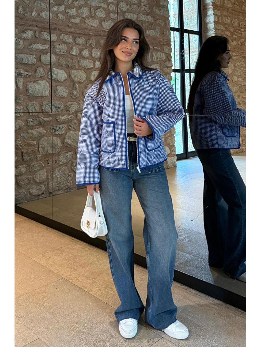 Mavi Pötikareli Cepli Kadın Mont Mg2488