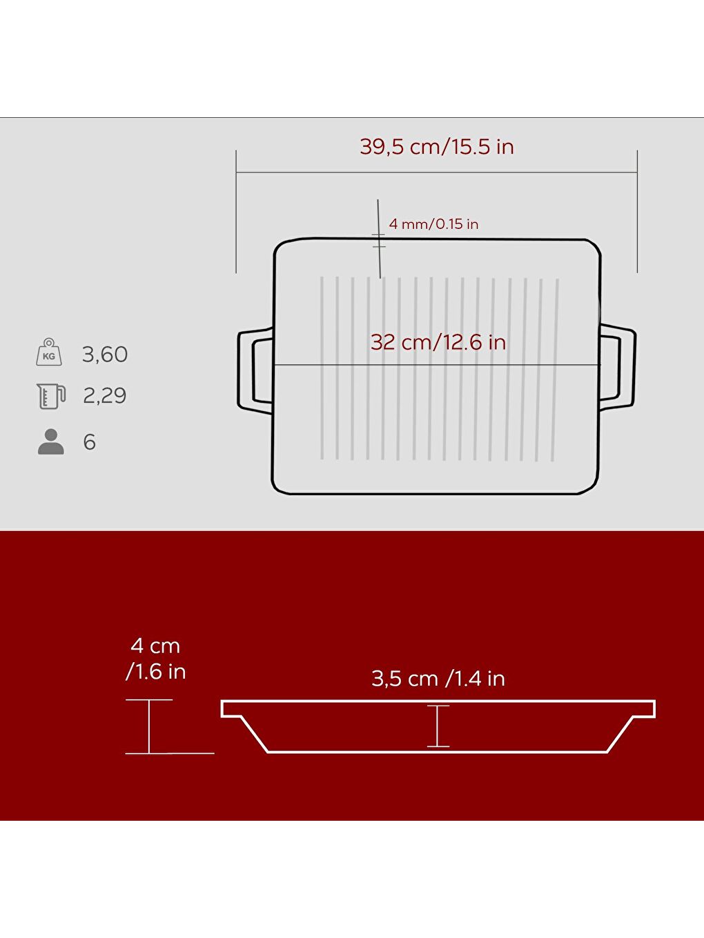 Bordo Dikdörtgen Hibrit Izgara Tavası Döküm Demir Yekpare Çift Kulplu Ölçü 26x32cm.-4
