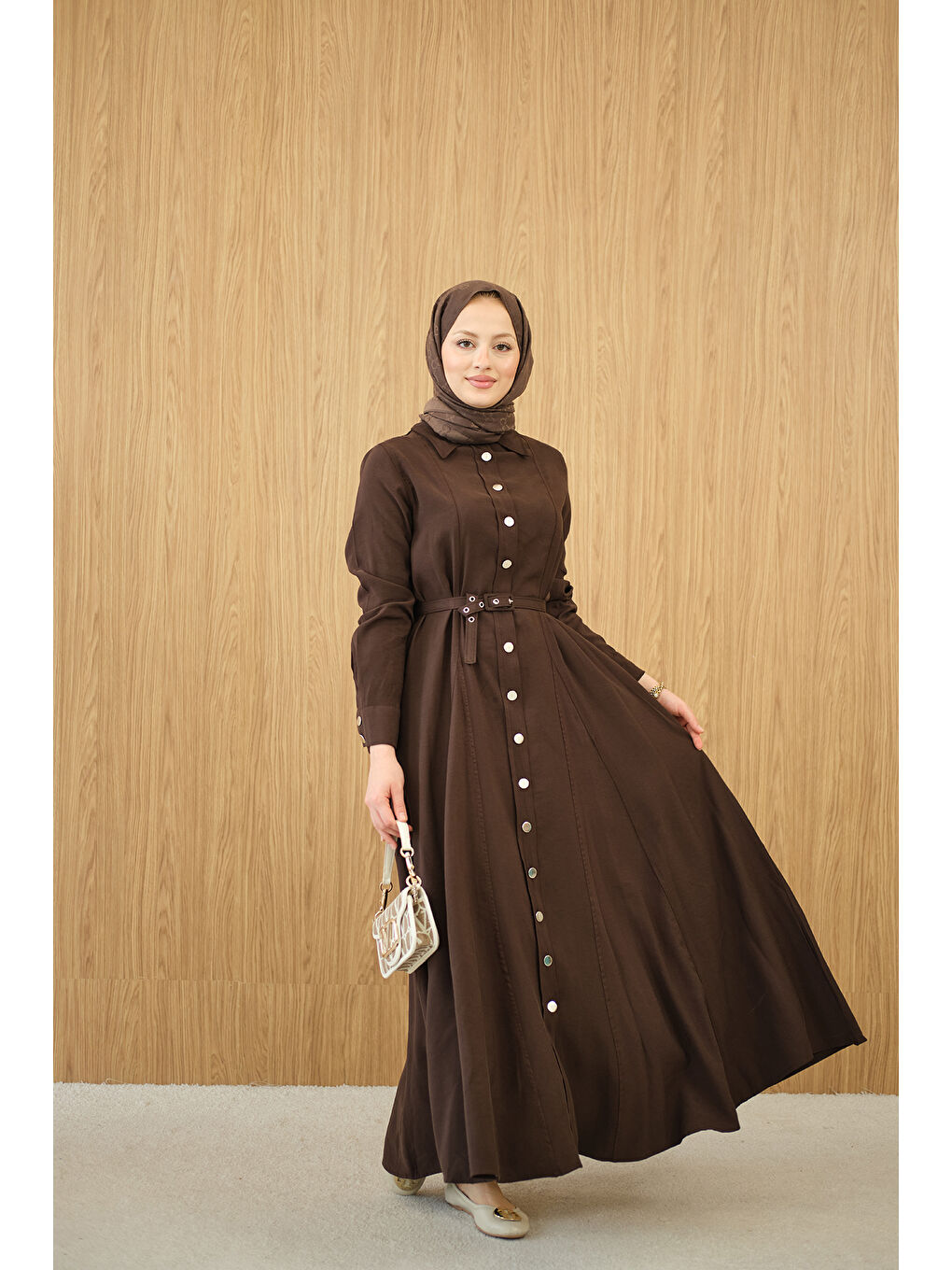 Kadın Boydan Düğmeli Kemerli Elbise Kahverengi-3