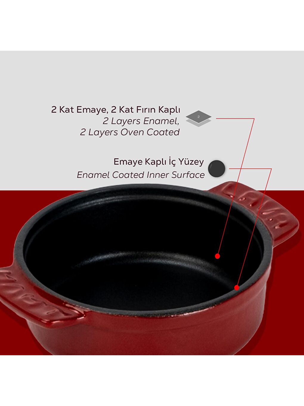 Bordo Yuvarlak Güveç Kabı Döküm Demir Yekpare Çift Kulplu Çap(Ø)11cm.-5