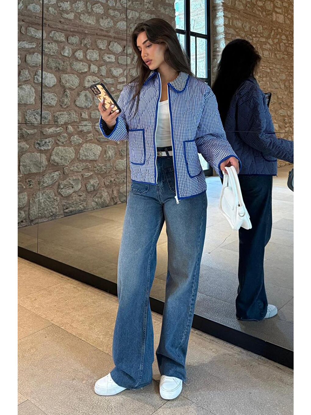 Mavi Pötikareli Cepli Kadın Mont Mg2488-1