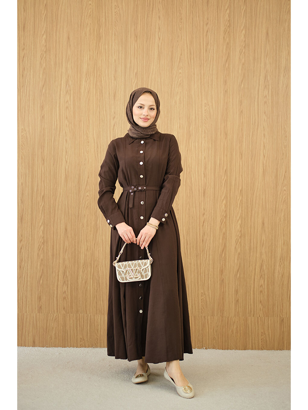 Kadın Boydan Düğmeli Kemerli Elbise Kahverengi-4