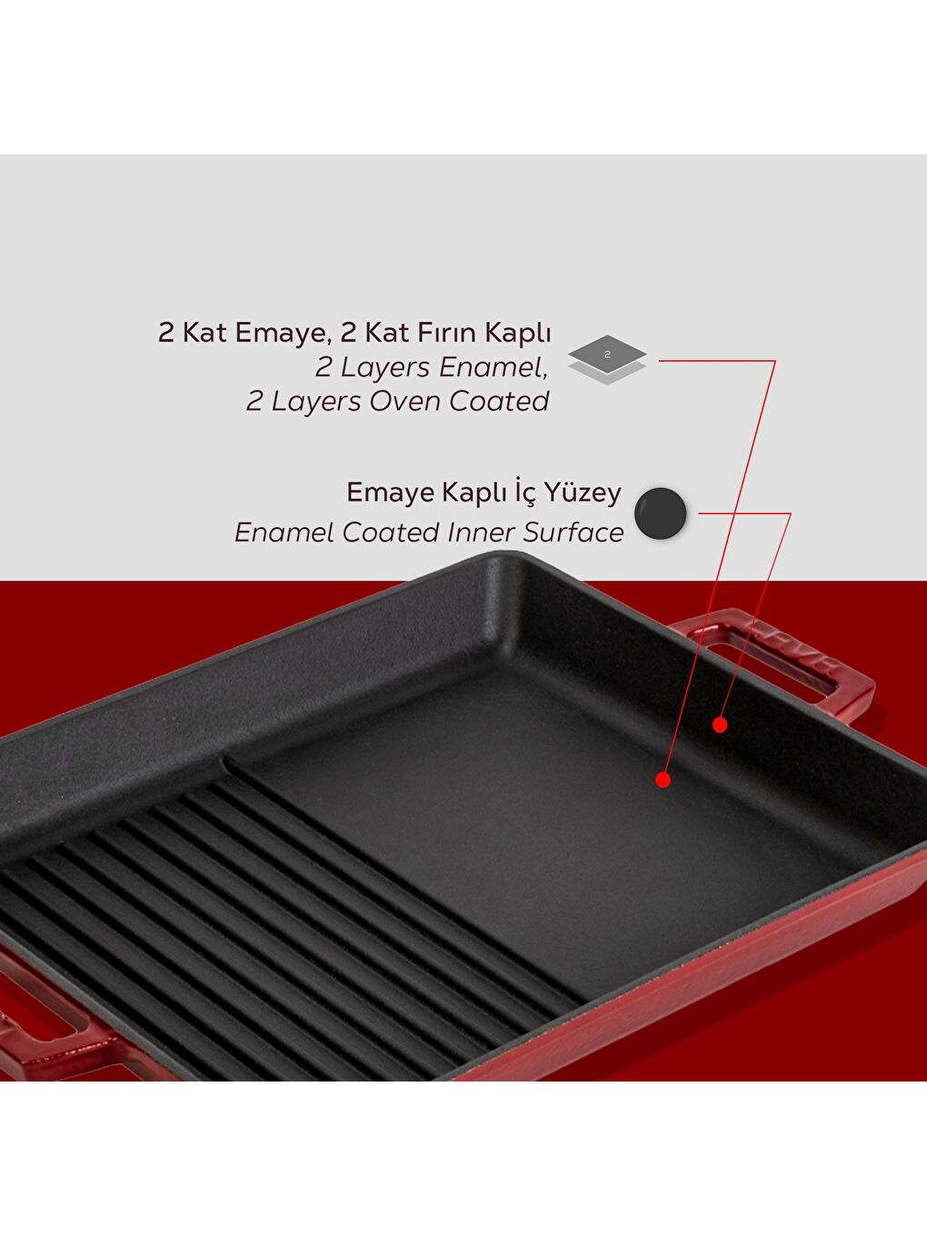 Bordo Dikdörtgen Hibrit Izgara Tavası Döküm Demir Yekpare Çift Kulplu Ölçü 26x32cm.-5