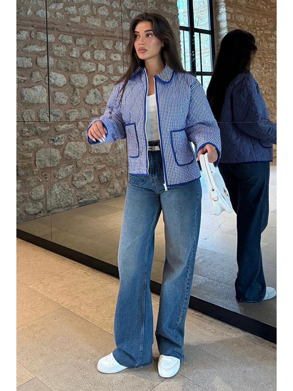 Mavi Pötikareli Cepli Kadın Mont Mg2488-3