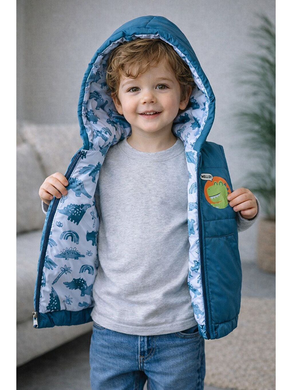 Mavi Erkek Bebek Kapüşonlu Şişme Yelek Dinozor Desenli Sıcak Tutma Teknolojili-1
