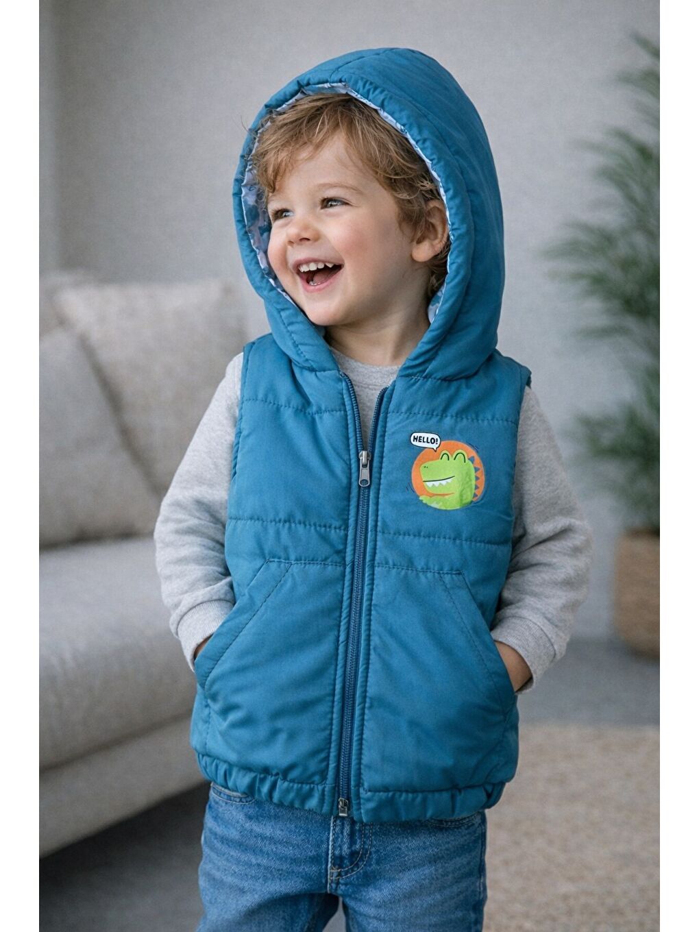 Mavi Erkek Bebek Kapüşonlu Şişme Yelek Dinozor Desenli Sıcak Tutma Teknolojili-2
