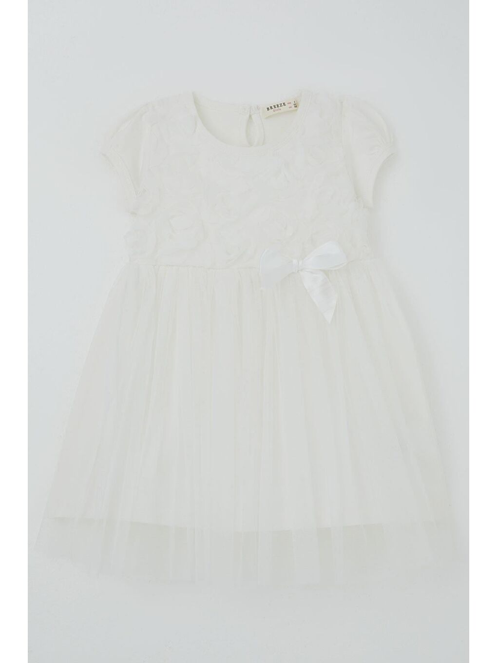 Kız Çocuk Elbise 3D Papatya Çiçek Aplikeli Fiyonk Detaylı Ekru (1.5-5 Yaş)