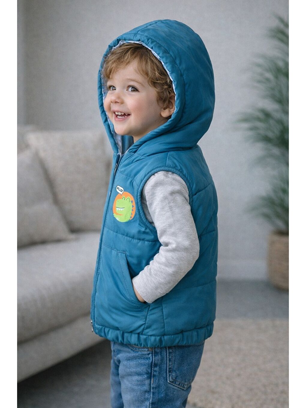 Mavi Erkek Bebek Kapüşonlu Şişme Yelek Dinozor Desenli Sıcak Tutma Teknolojili-3
