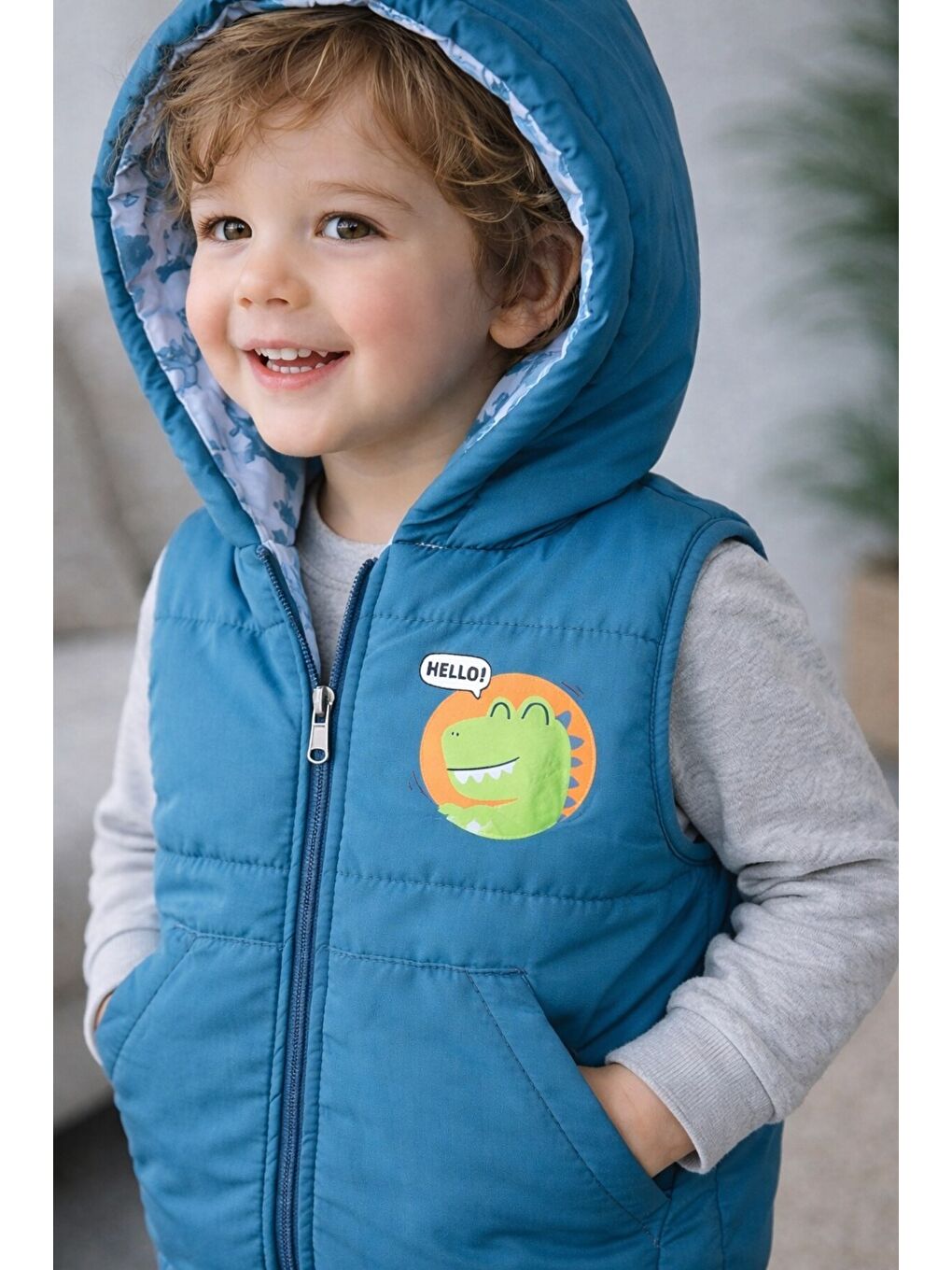 Mavi Erkek Bebek Kapüşonlu Şişme Yelek Dinozor Desenli Sıcak Tutma Teknolojili-4