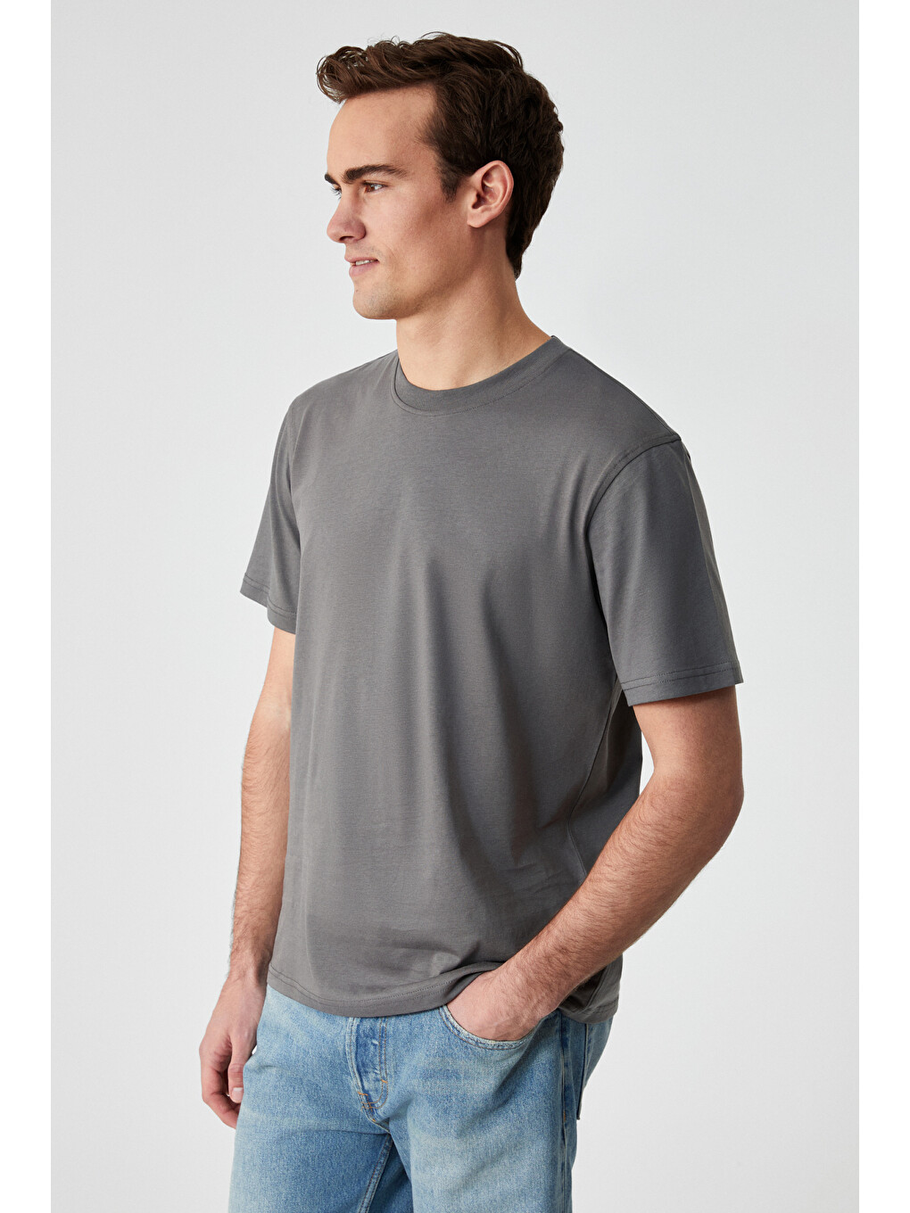 Gri Solo Erkek %100 Organik Pamuklu Kalın Dokulu Comfort Fit Bisiklet Yakalı GRİ T-Shirt-3
