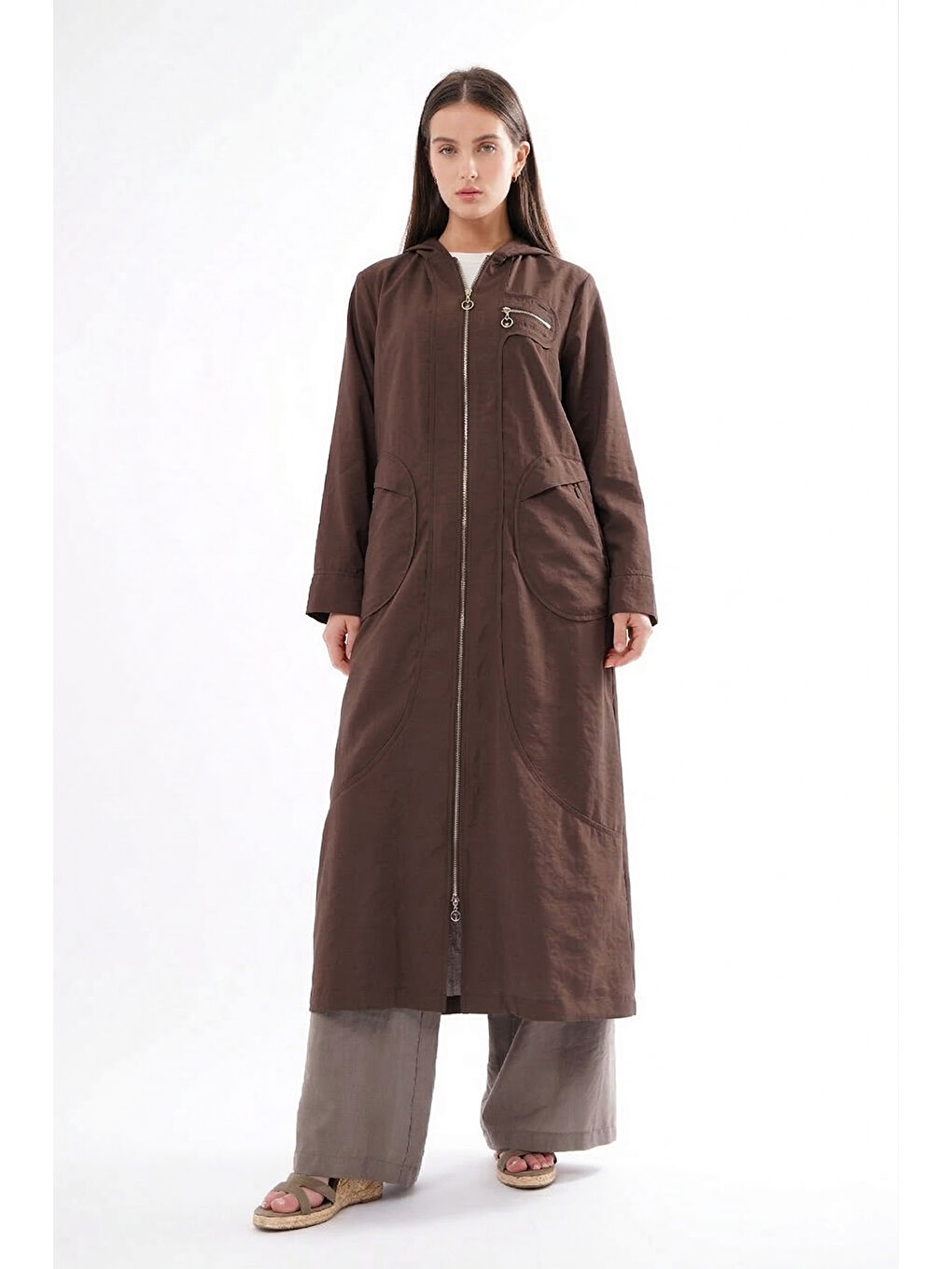 Kapüşonlu Yuvarlak Torba Cepli Fermuarlı Safari Kap 813 Kahverengi-2