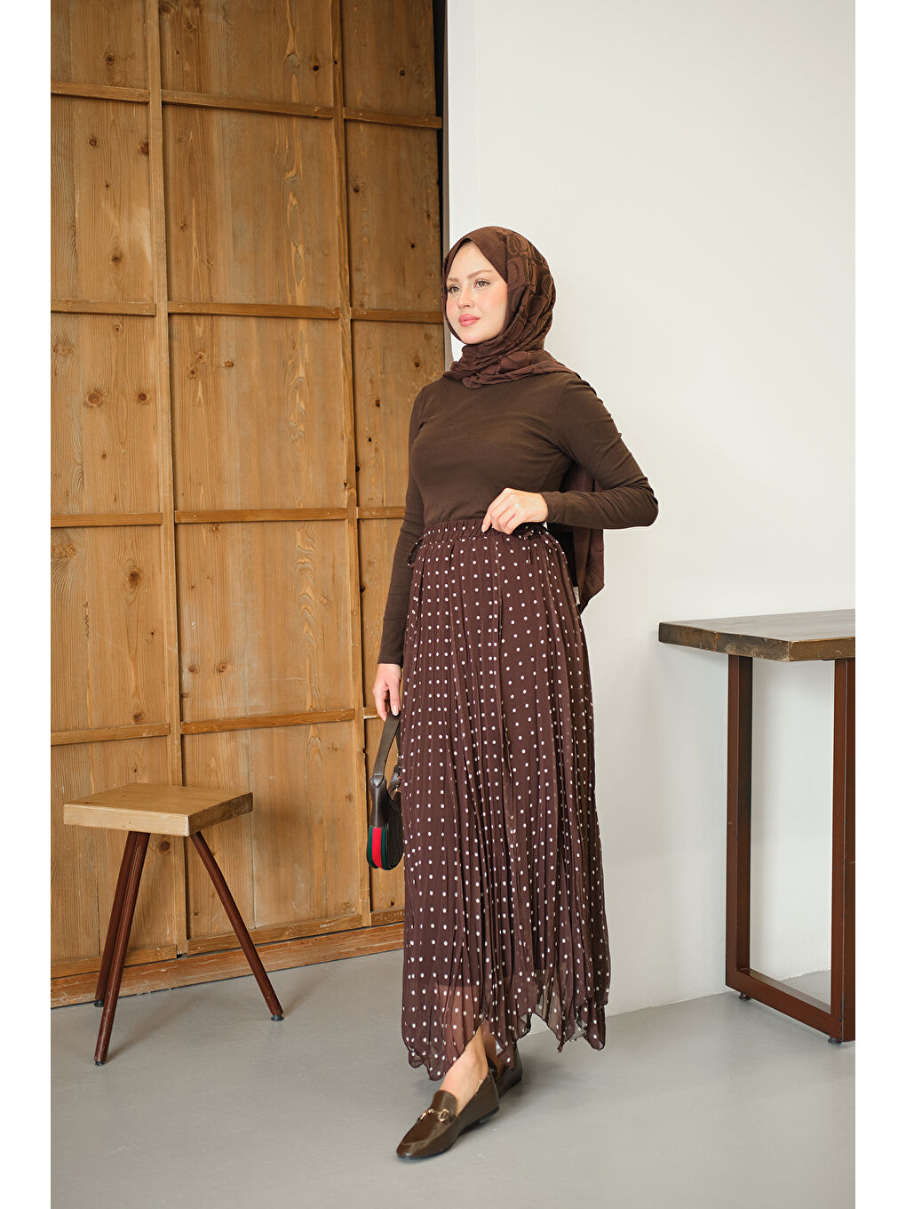 Kahverengi Kadın Puantiye Detay Yan Bağcık Şifon Etek Açık Kahve