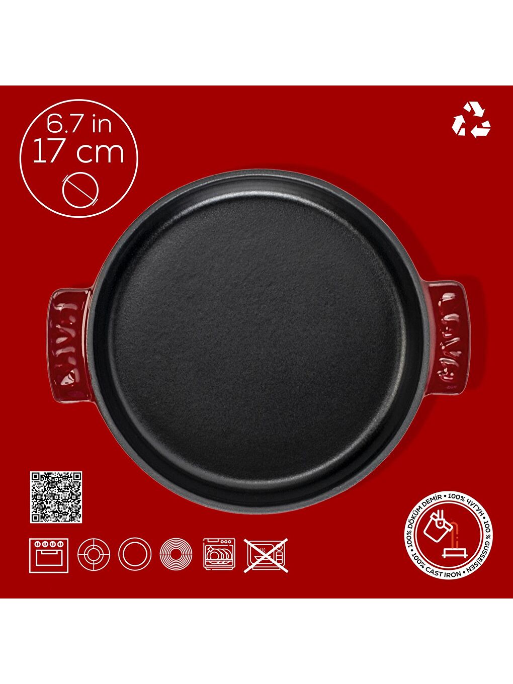 Bordo Yuvarlak Güveç Kabı Döküm Demir Yekpare Çift Kulplu Çap(Ø)17cm.-3