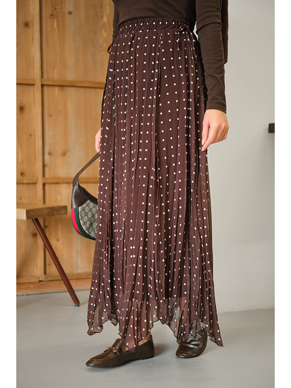 Kahverengi Kadın Puantiye Detay Yan Bağcık Şifon Etek Açık Kahve-1