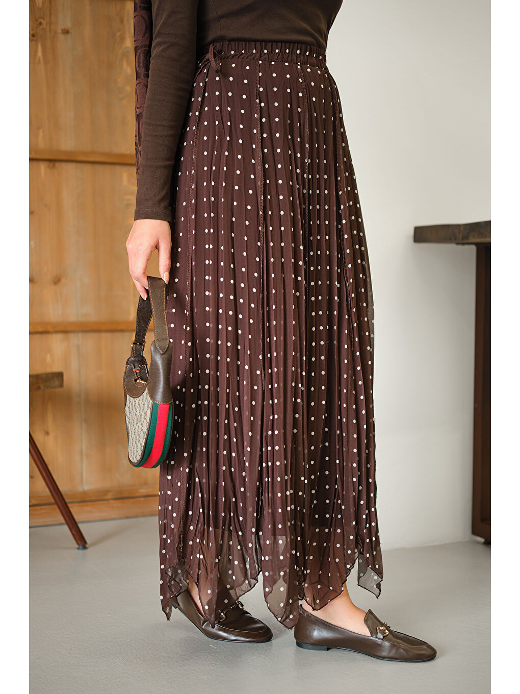 Kahverengi Kadın Puantiye Detay Yan Bağcık Şifon Etek Açık Kahve-2