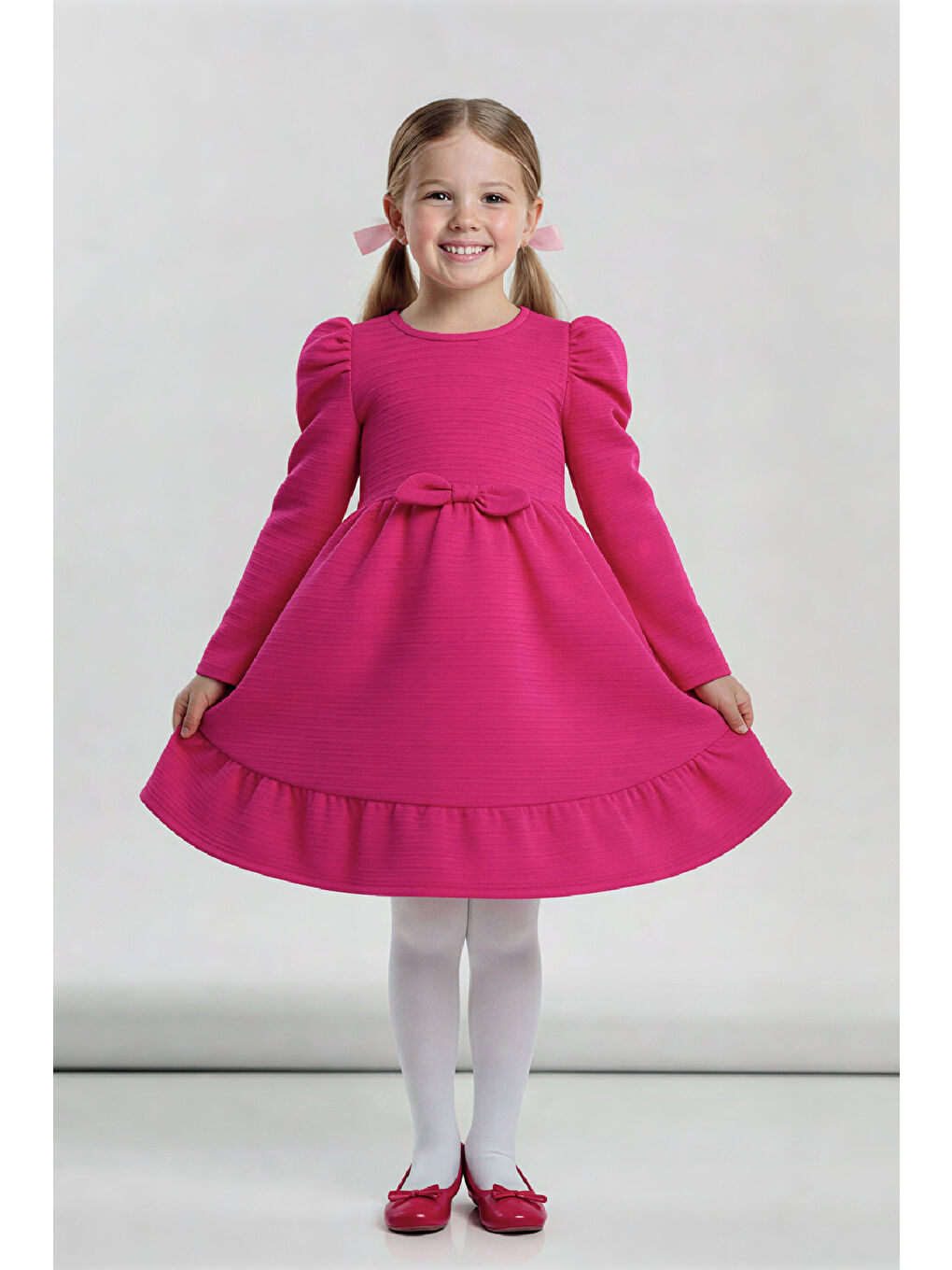 Fuşya Kız Çocuk Elbise -Vatka Omuzlu-Fiyonk Detaylı 2-10 Yaş 12530