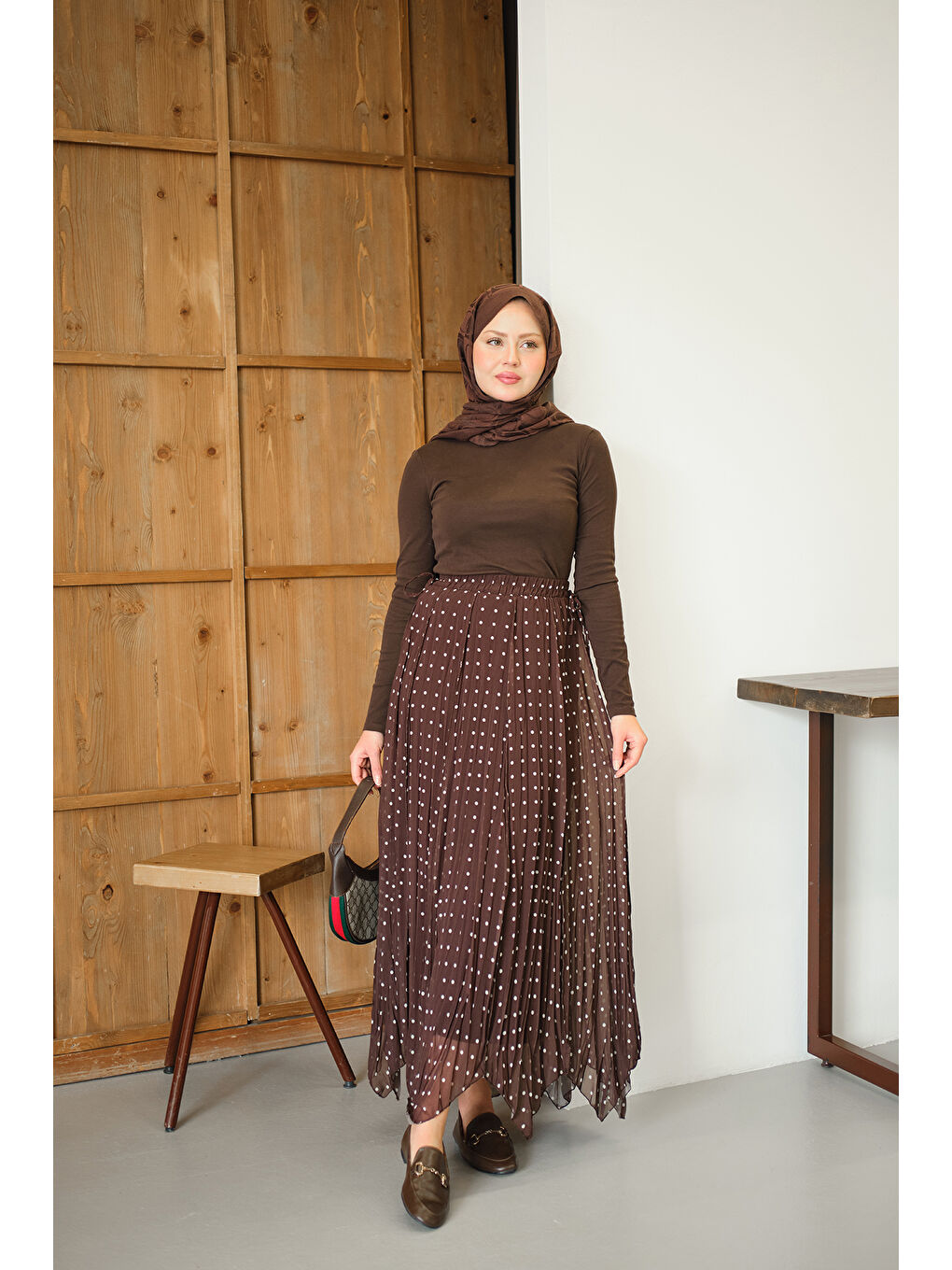 Kahverengi Kadın Puantiye Detay Yan Bağcık Şifon Etek Açık Kahve-3