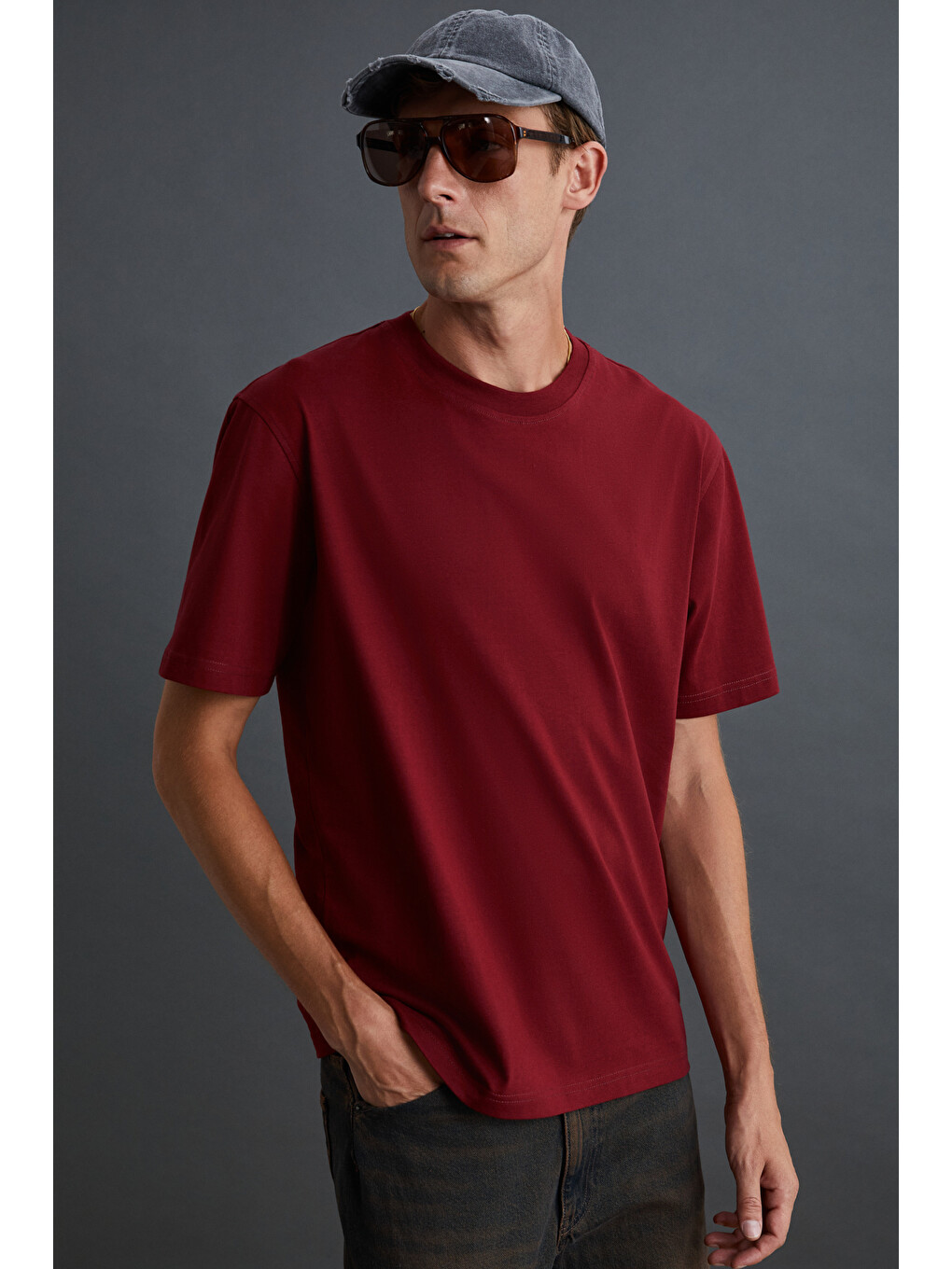 Bordo Solo Erkek %100 Organik Pamuklu Kalın Dokulu Comfort Fit Bisiklet Yakalı BORDO T-Shirt