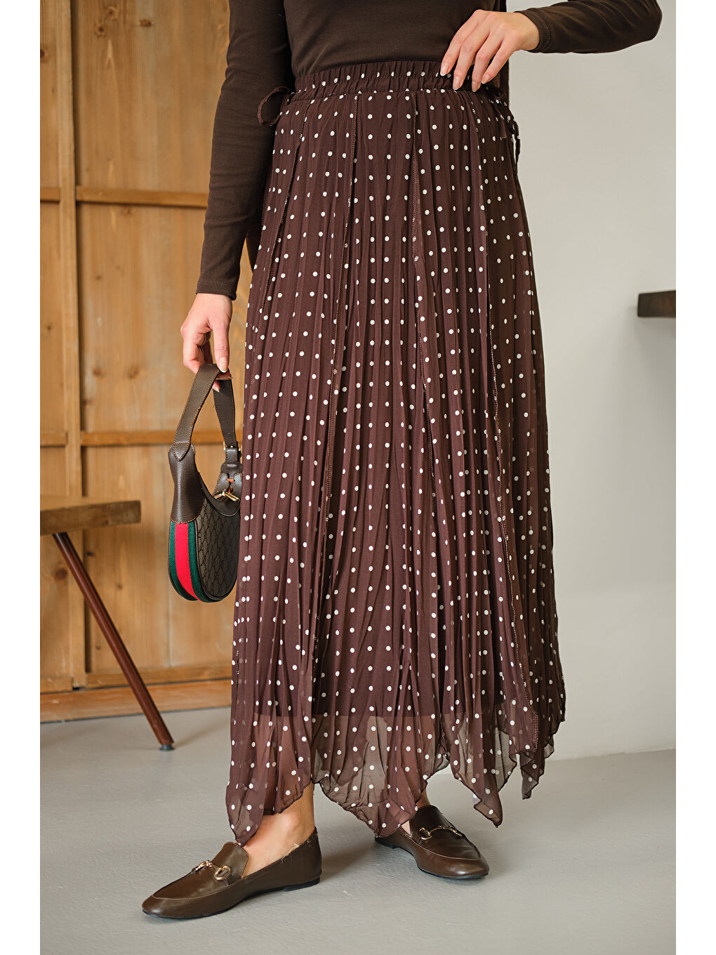 Kahverengi Kadın Puantiye Detay Yan Bağcık Şifon Etek Açık Kahve-4