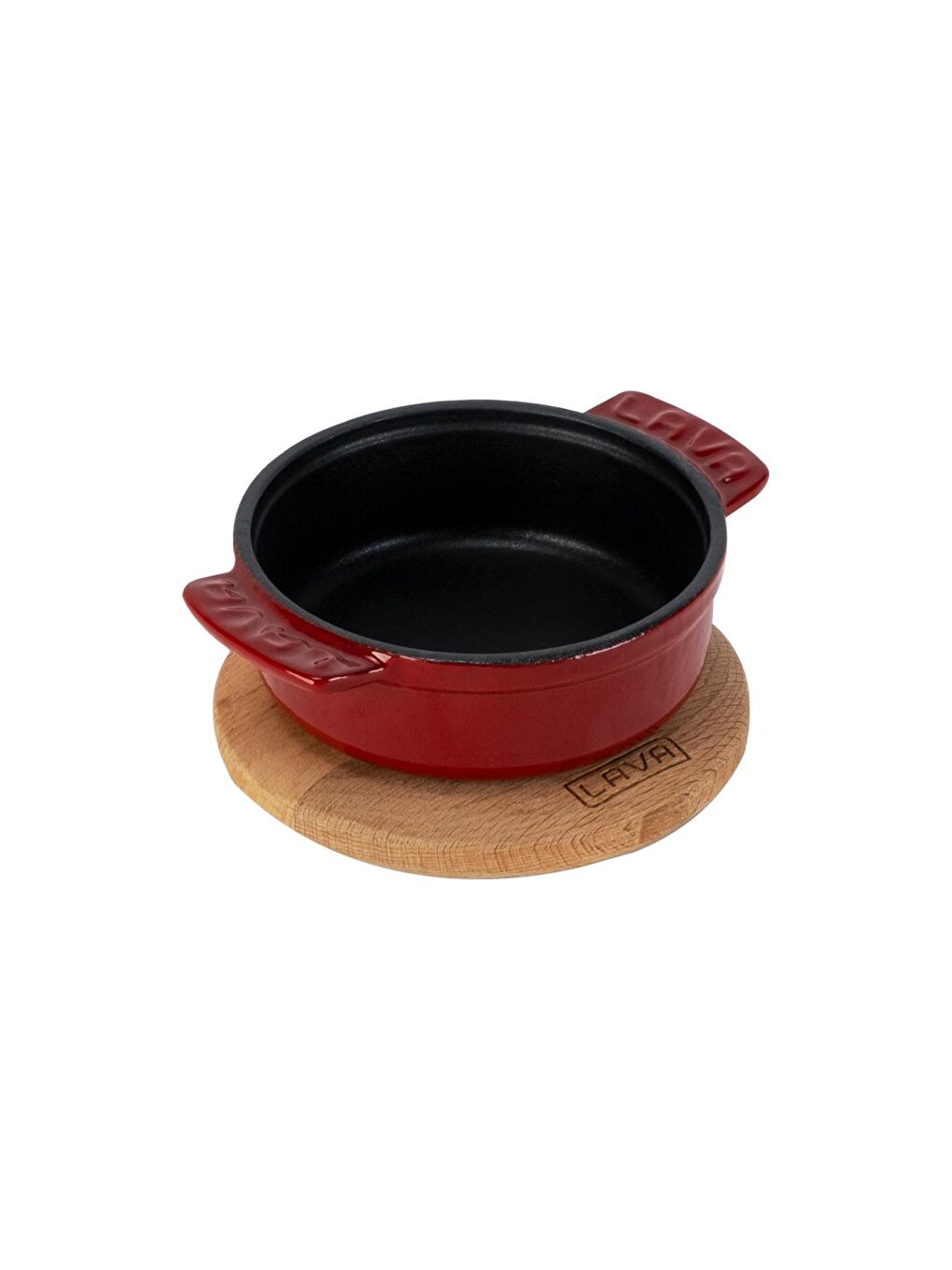Bordo Yuvarlak Güveç Kabı Döküm Demir Yekpare Çift Kulplu Kayın Servis Ahşabı Çap(Ø)11cm.-1