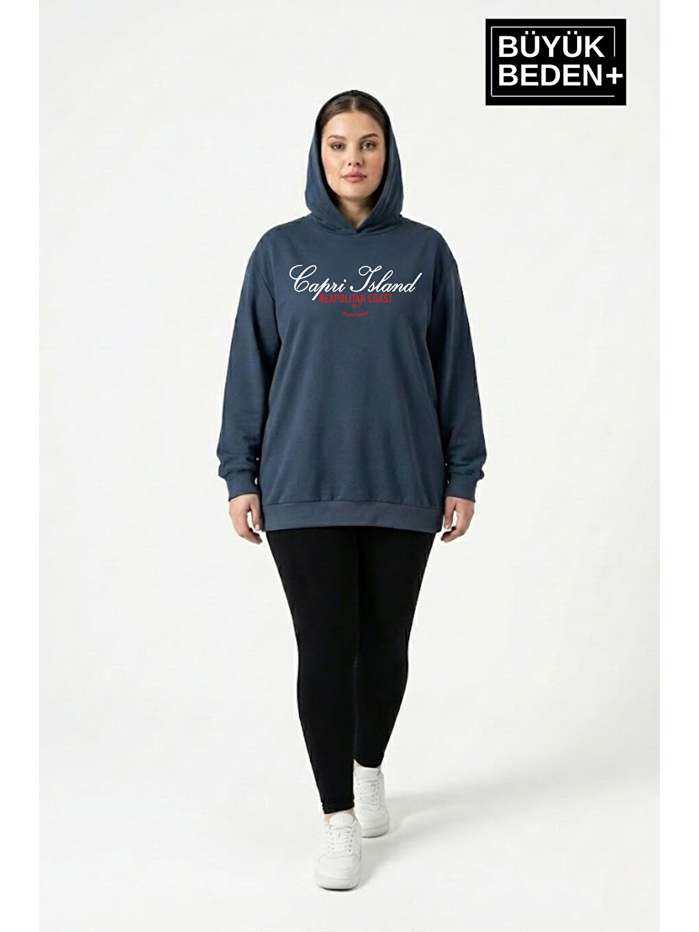 Mavi Kadın Büyük Beden Kapüşonlu Capri Island Baskılı ince Swatshırt SPR26BSWK957-14