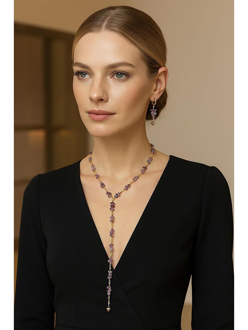 Sarı Ametist Y Kolye Küpe Set