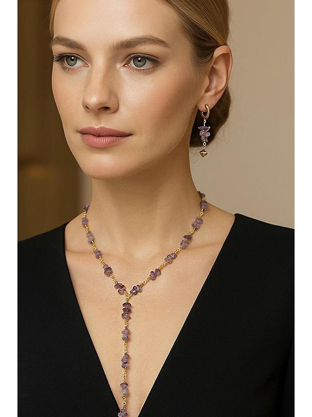 Sarı Ametist Y Kolye Küpe Set-2