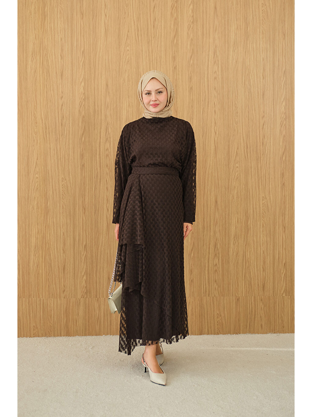 Kadın Kendinden Desenli Etekli Takım Kahverengi