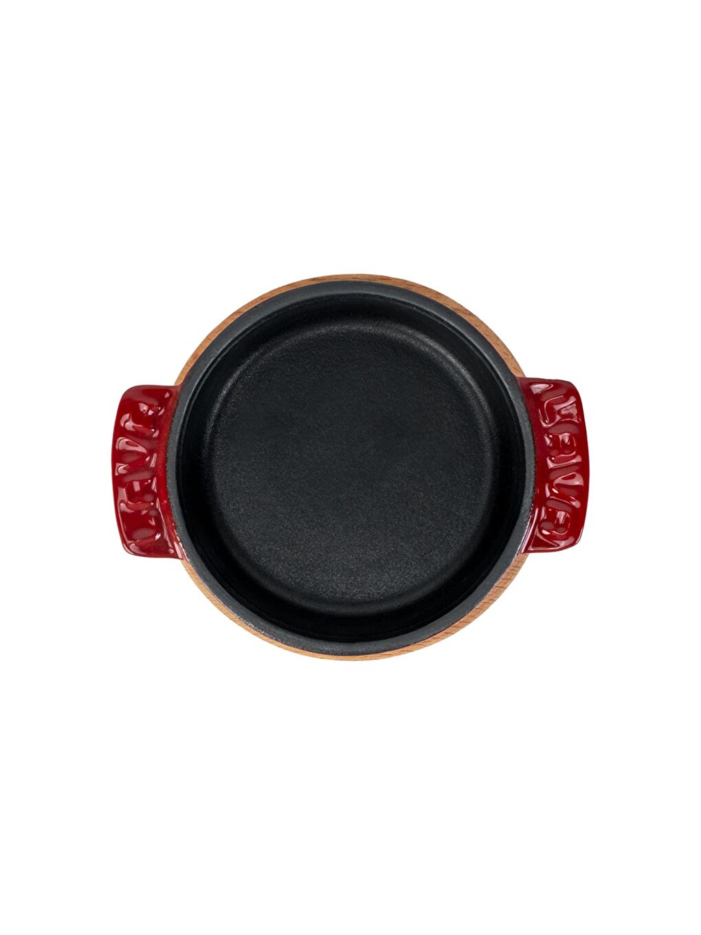 Bordo Yuvarlak Güveç Kabı Döküm Demir Yekpare Çift Kulplu Kayın Servis Ahşabı Çap(Ø)11cm.-2