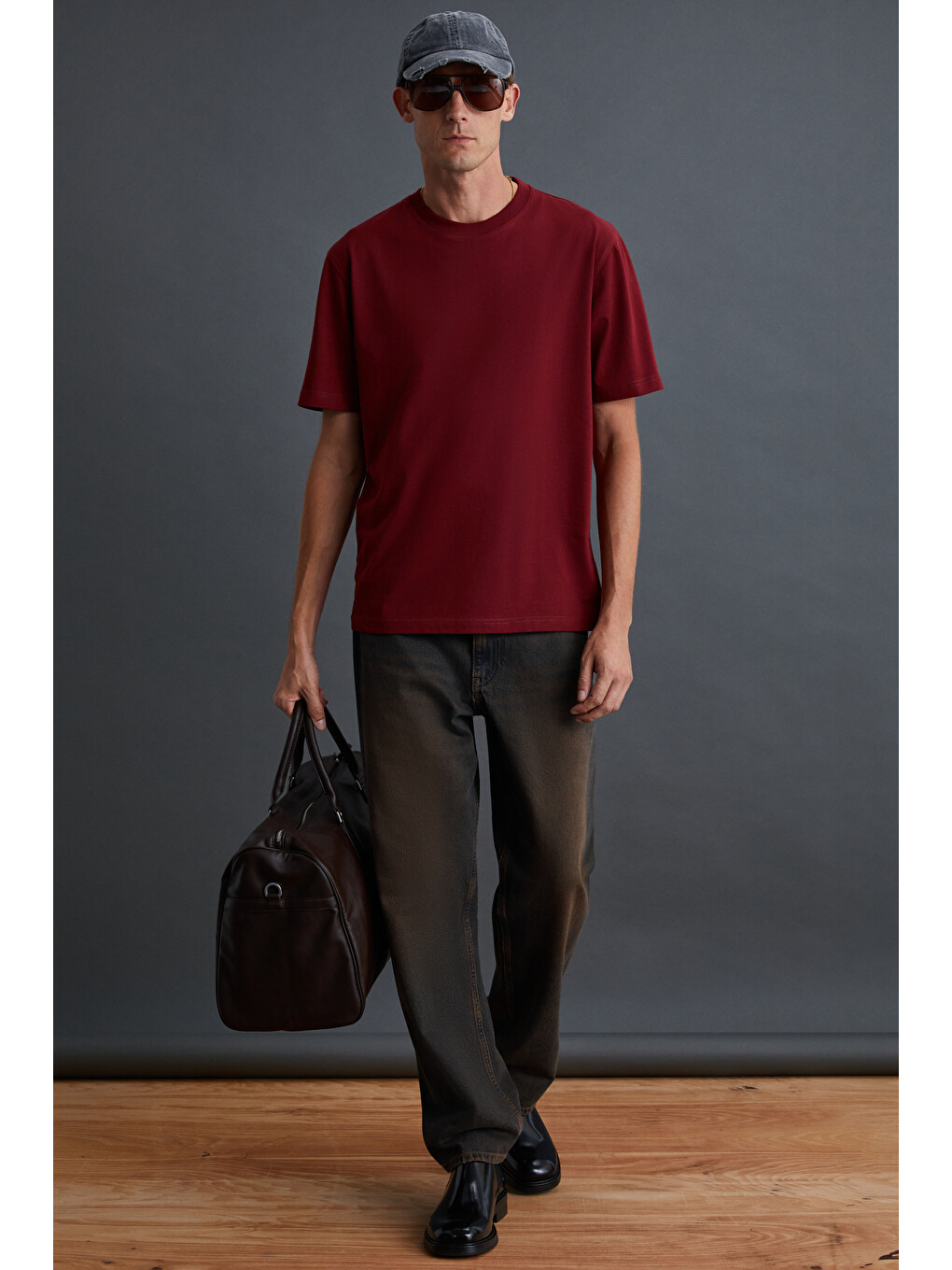 Bordo Solo Erkek %100 Organik Pamuklu Kalın Dokulu Comfort Fit Bisiklet Yakalı BORDO T-Shirt-1