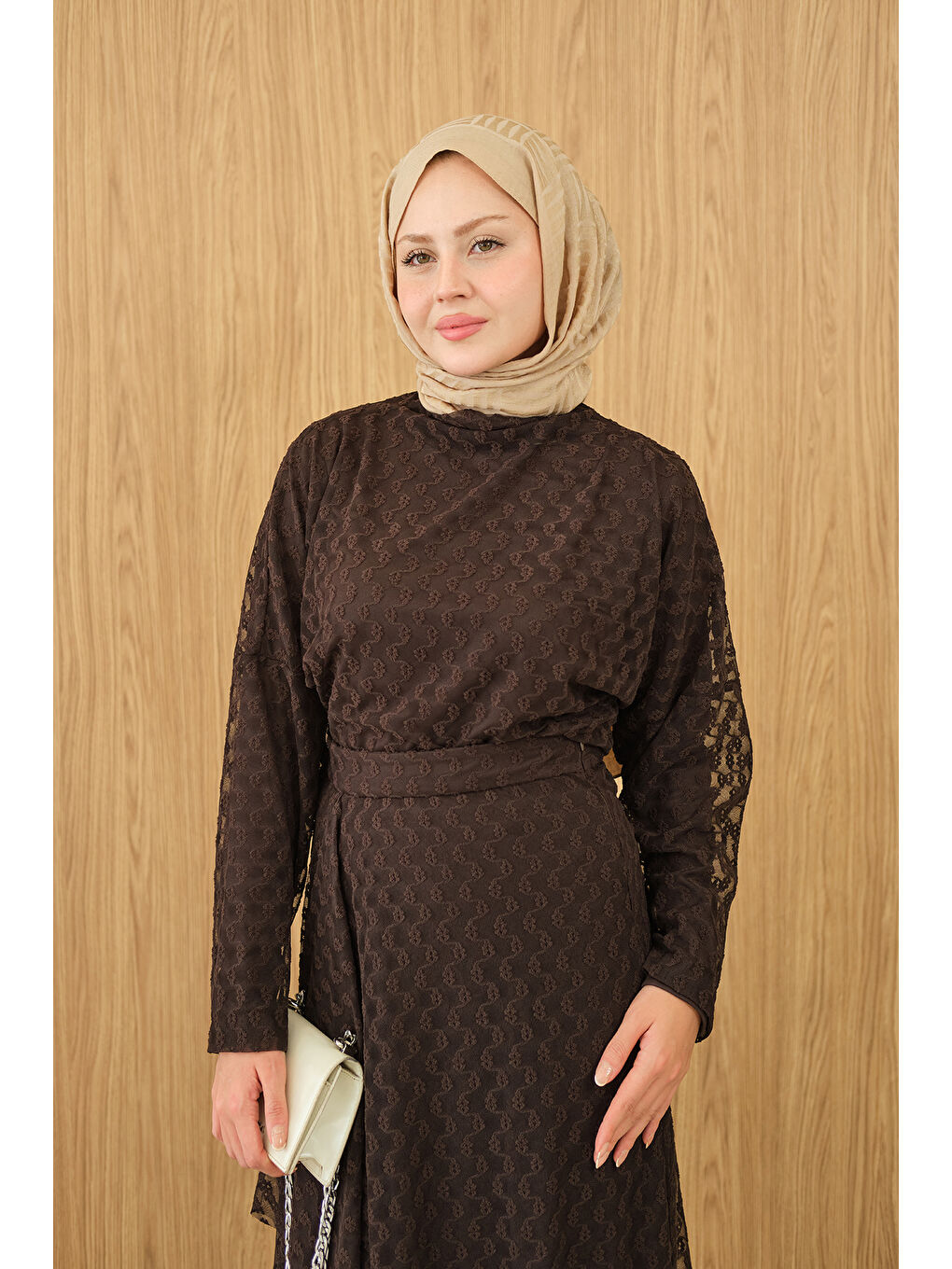 Kadın Kendinden Desenli Etekli Takım Kahverengi-1