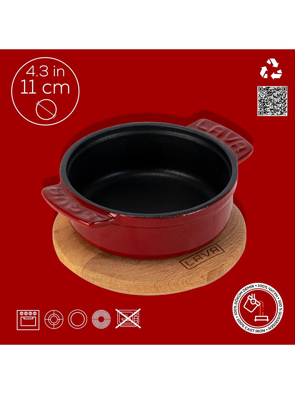 Bordo Yuvarlak Güveç Kabı Döküm Demir Yekpare Çift Kulplu Kayın Servis Ahşabı Çap(Ø)11cm.-3