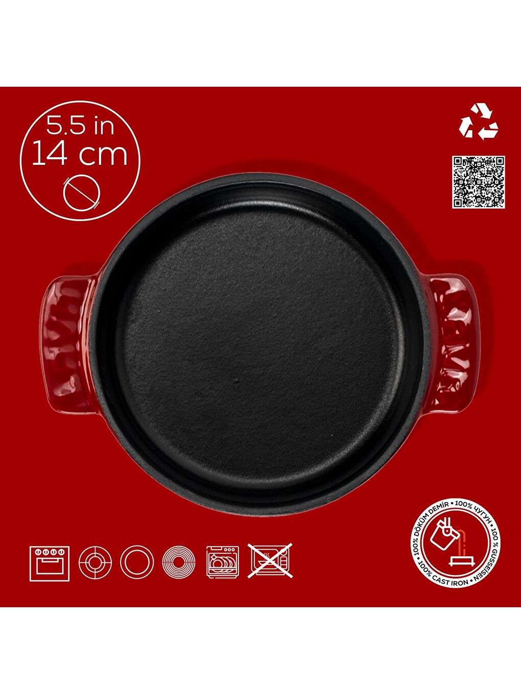 Bordo Yuvarlak Güveç Kabı Döküm Demir Yekpare Çift Kulplu Çap(Ø)14cm.-3