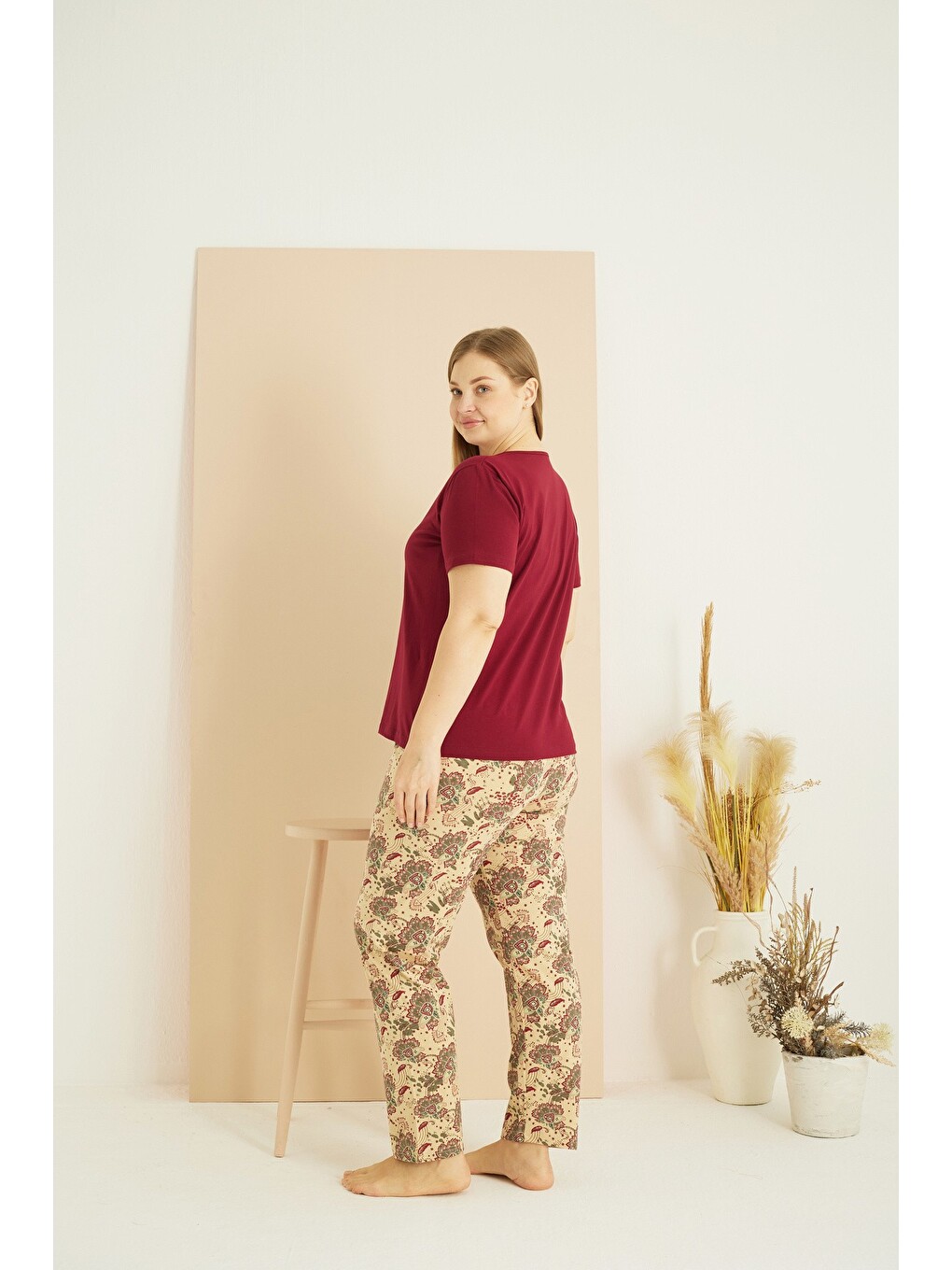 Bordo Curve Büyük Beden Battal Boy Dantel Detaylı Pamuklu Pijama Takım25103715-2