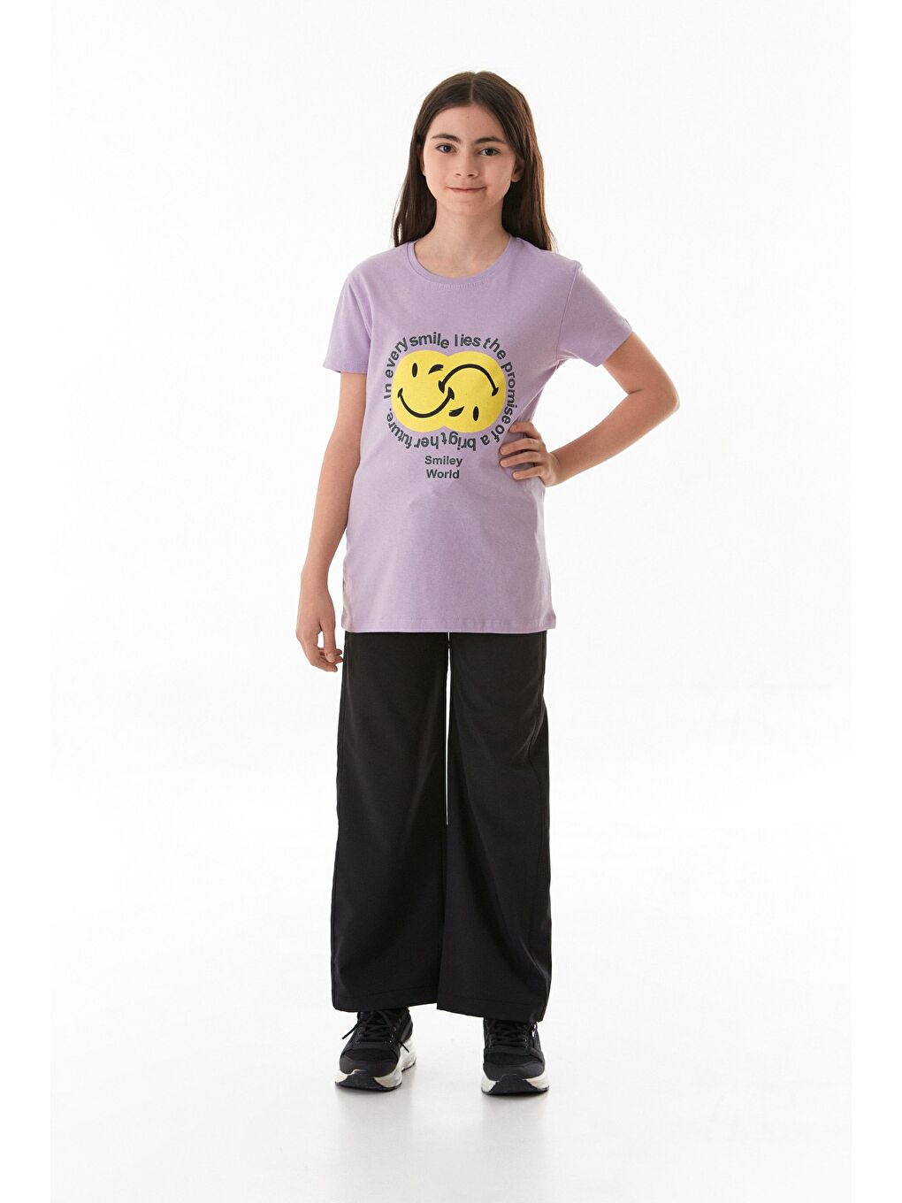 Lila %100 Pamuk Gülen Yüz Ve Slogan Baskılı Kız Çocuk Tişört-2