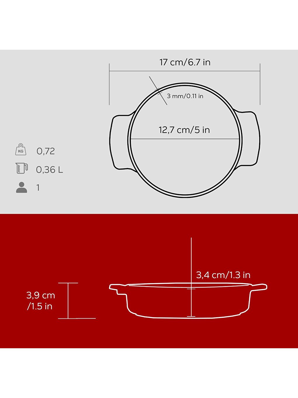 Bordo Yuvarlak Güveç Kabı Döküm Demir Yekpare Çift Kulplu Çap(Ø)14cm.-4