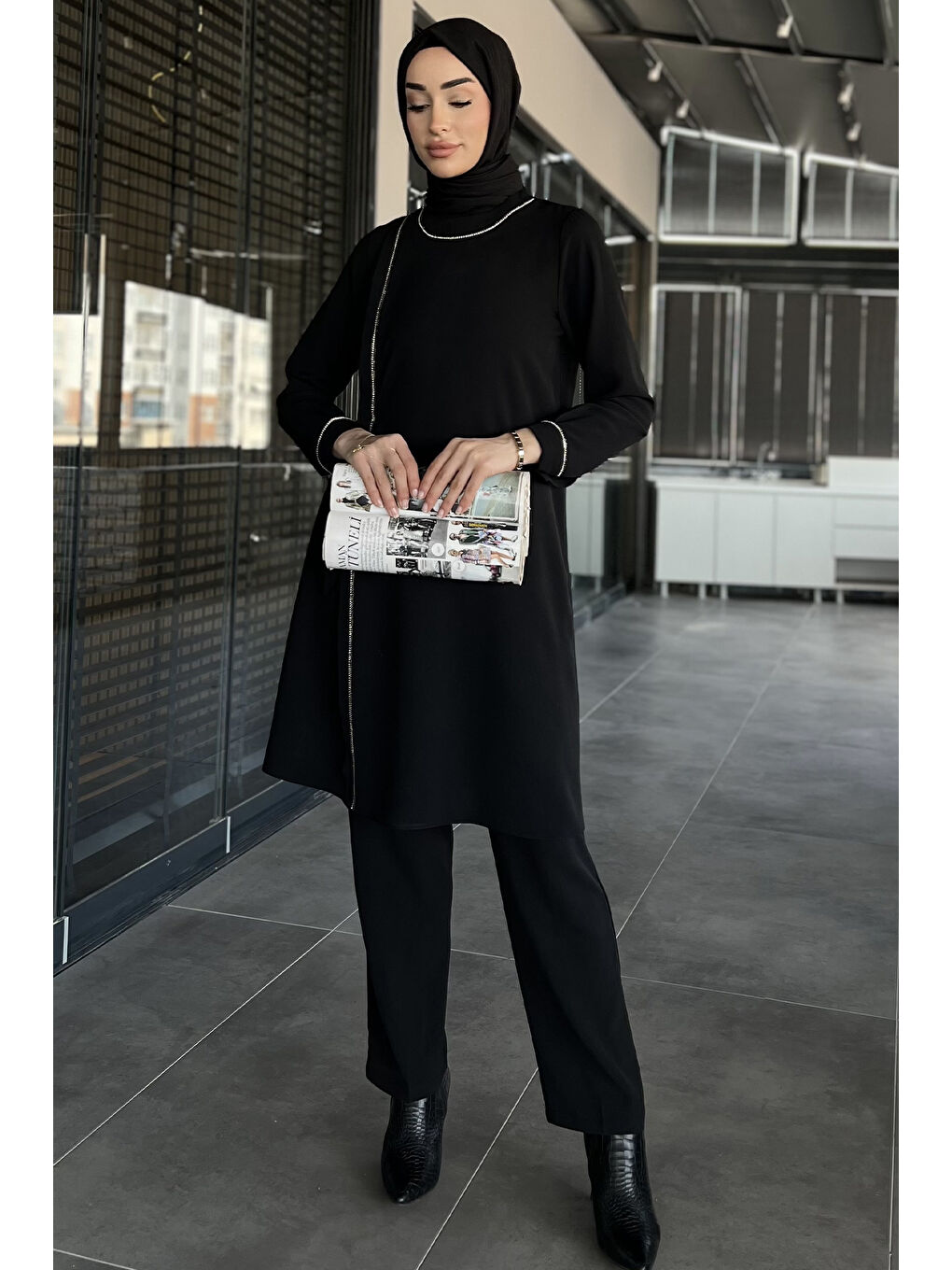 Siyah Kadın Büyük Beden Taşlı Tunik Pantolon Tesettür İkili Takım-3