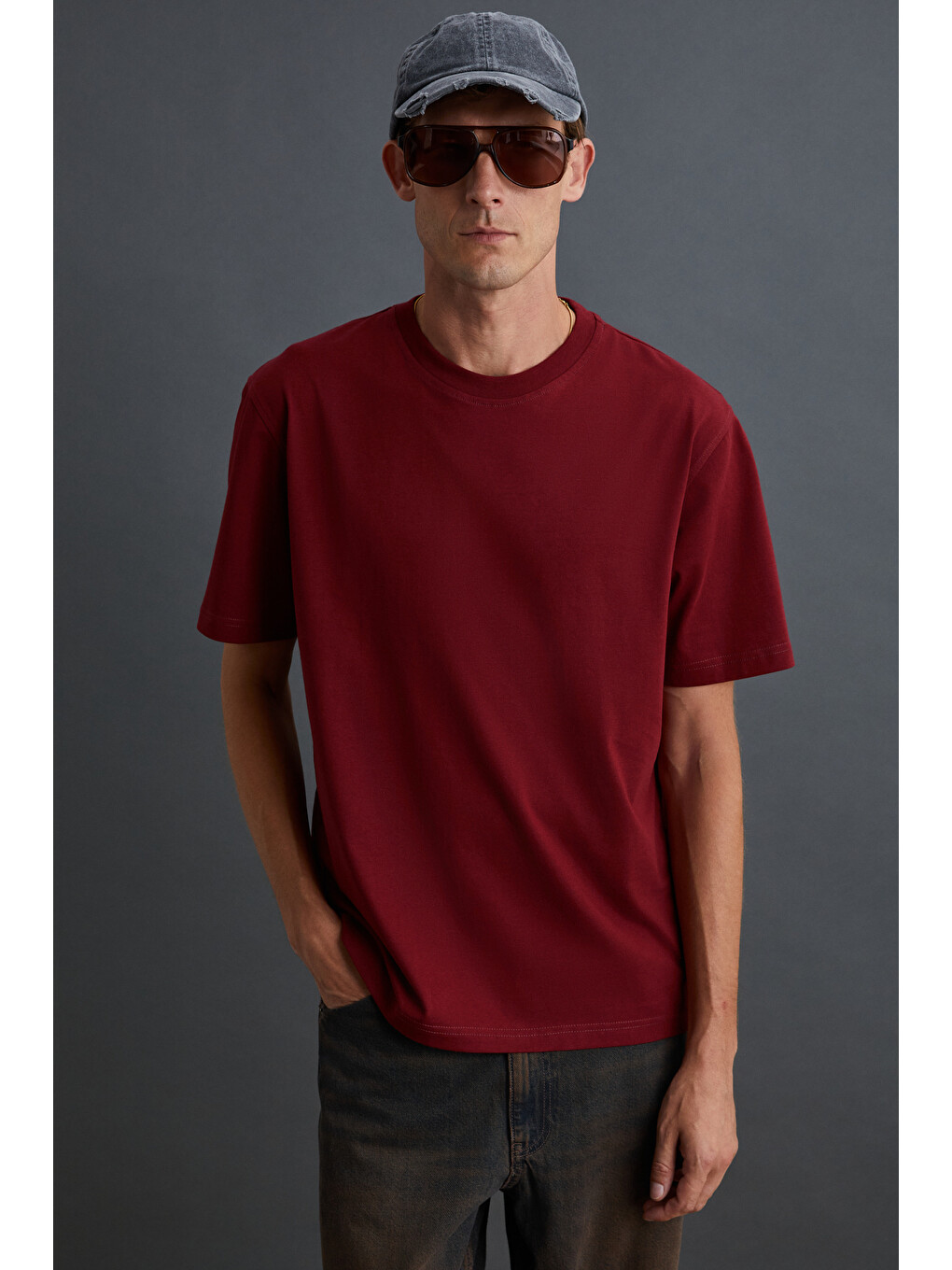 Bordo Solo Erkek %100 Organik Pamuklu Kalın Dokulu Comfort Fit Bisiklet Yakalı BORDO T-Shirt-2