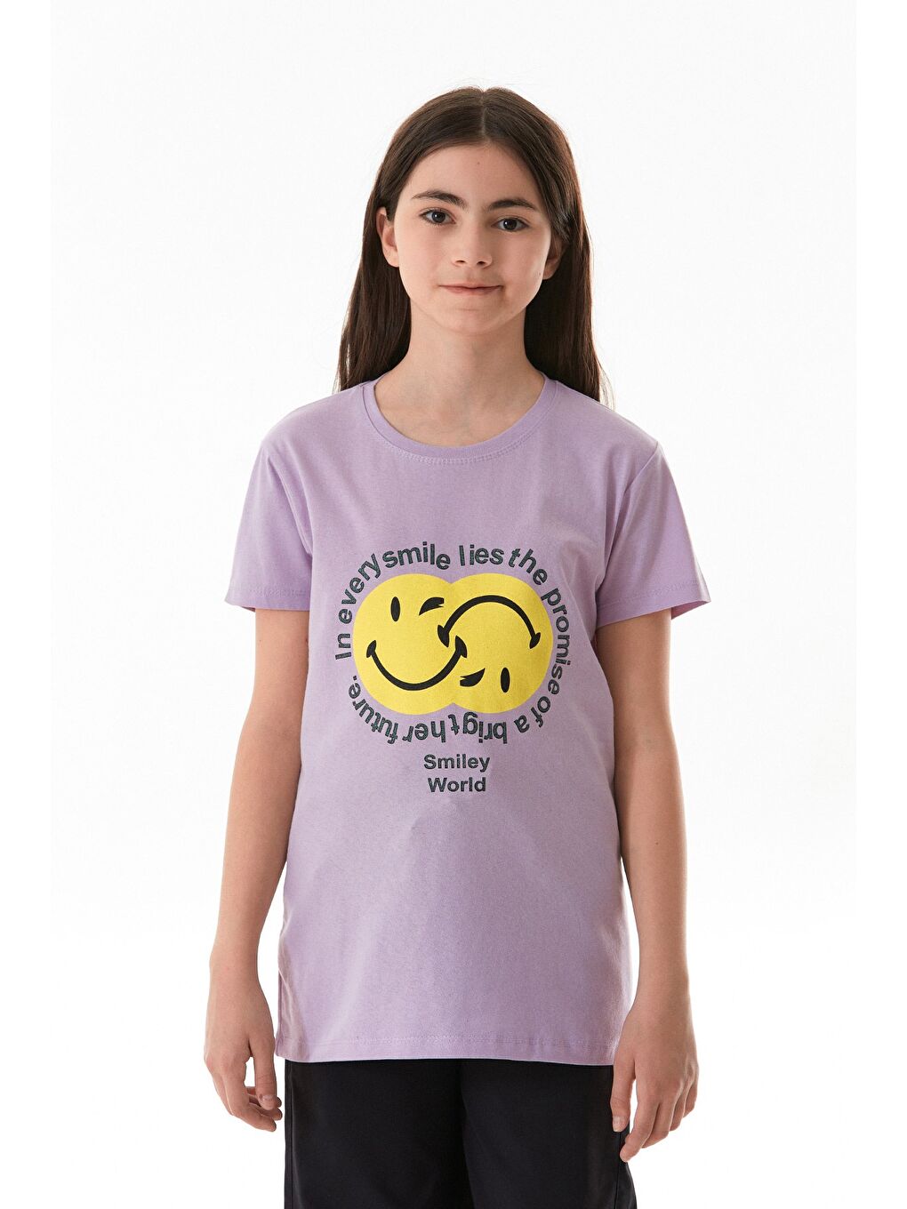 Lila %100 Pamuk Gülen Yüz Ve Slogan Baskılı Kız Çocuk Tişört-3